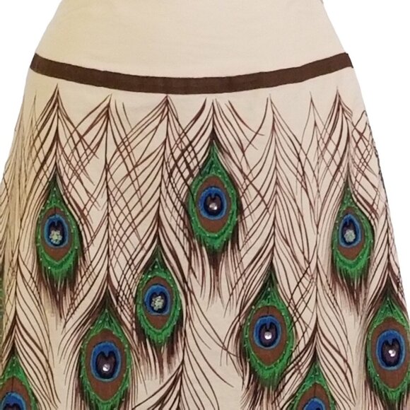 Bamboo Traders Women's Skirt Size 4P Beaded Peacock Feathers Cotton Lined A line - Picture 2 of 12